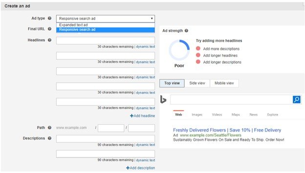 Microsoft responsive ads interface