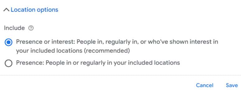 Google currently has two geographic targeting settings